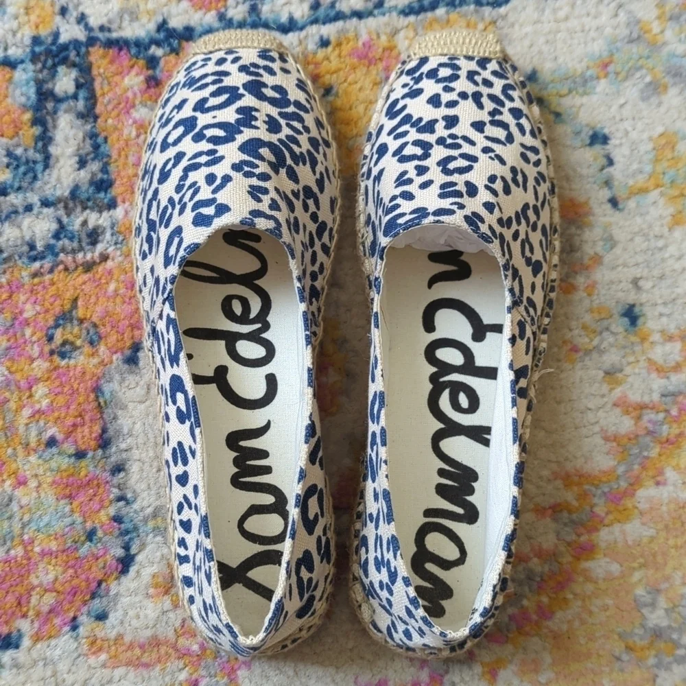 Sam Edelman Verona Leopard Print Canvas Slip On Espadrille Flats Cream Navy 8.5